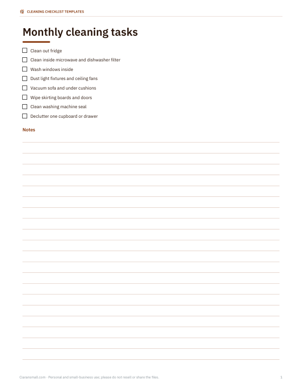 Preview of Printable Monthly Cleaning Checklist