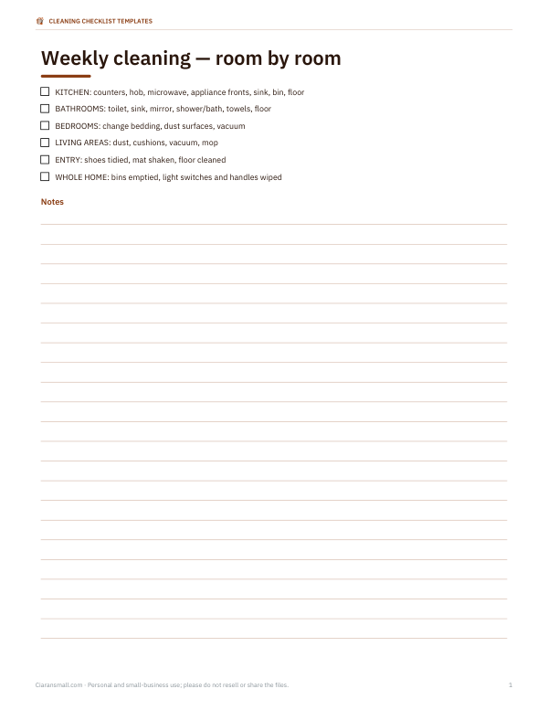 Preview of Printable Weekly Room-by-Room Cleaning Checklist