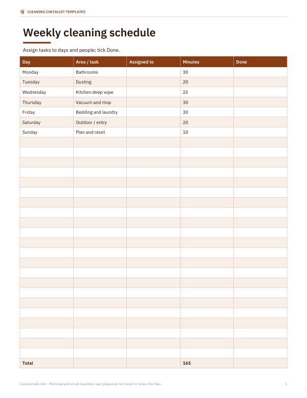 Preview of Printable Weekly Cleaning Schedule